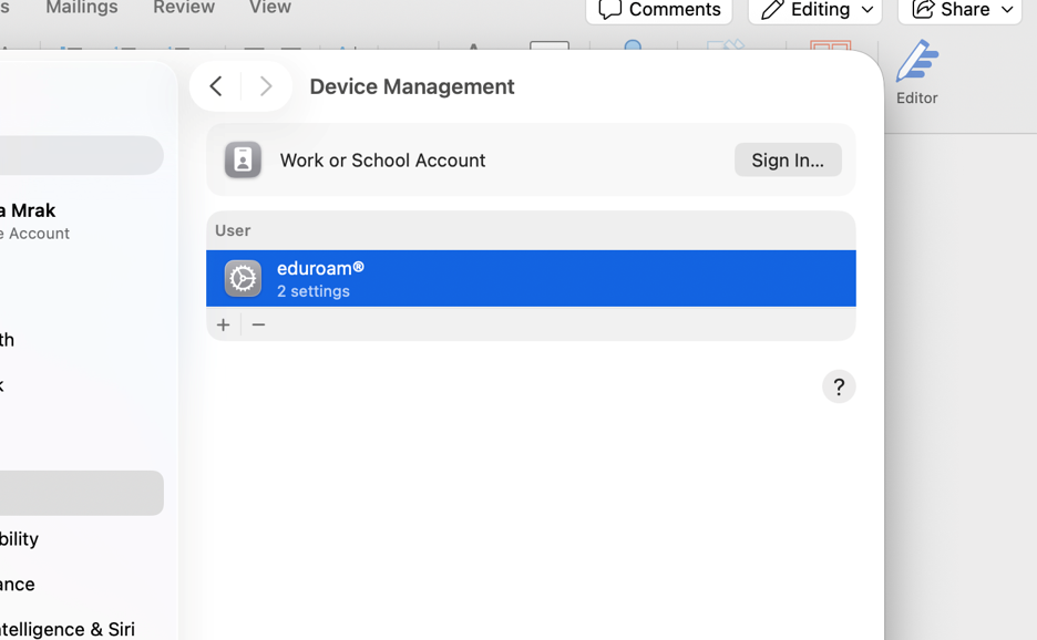 macOS – instalirani eduroam profil u Device Managementu